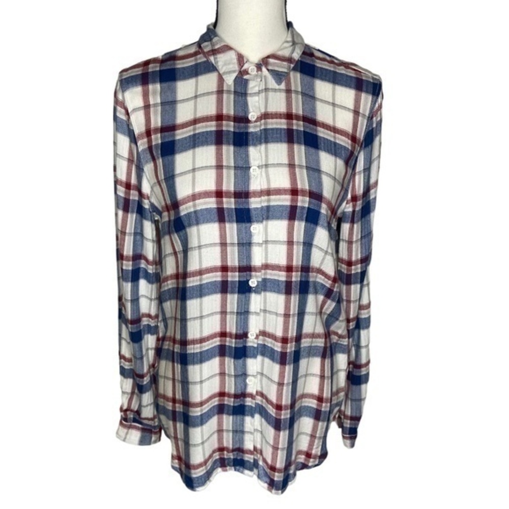 Pink Rose Top White Red Blue Plaid Long Sleeve Button Down Lace Back Cutout Sz M